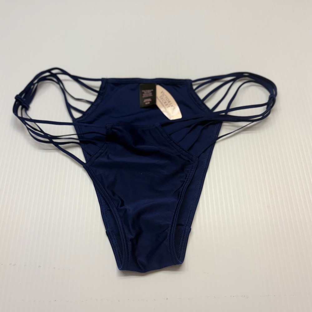 Victoria's Secret Silky Cheek ink Underwear Medium Navy Strappy Cage Panty NEW